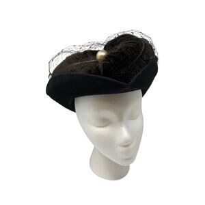 Vintage Karo New York Black Felt Hat Pearl Accent Veil Cocktail Fascinator